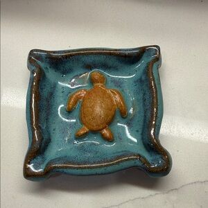 Hand Crafted Ceramic Teal & Brown Trinket Dish/Spoon Rest With Raised Sea Turtle